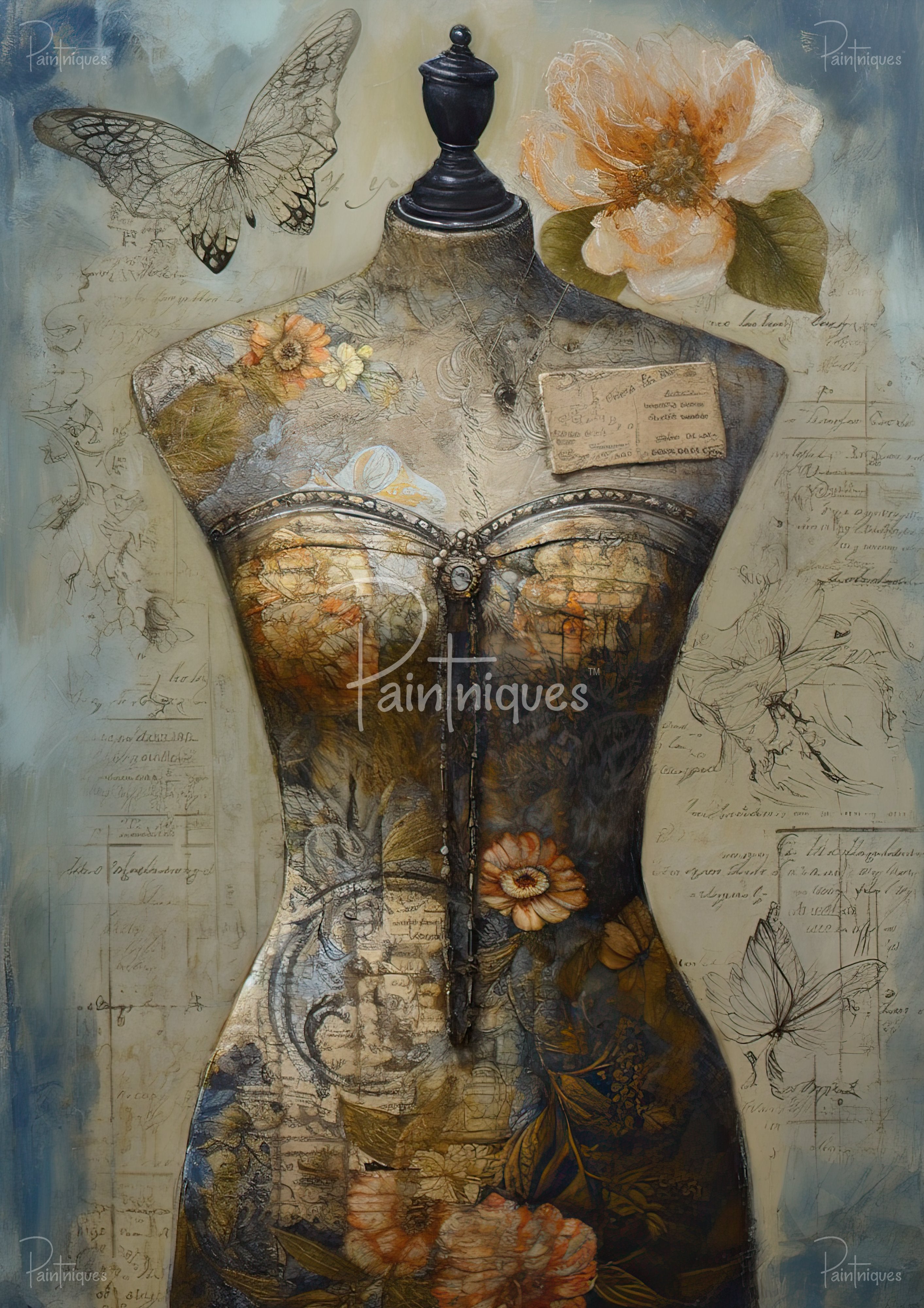 Vintage dressmaker mannequin torso collage with floral patterns, butterflies, handwritten script and a pendant necklace.