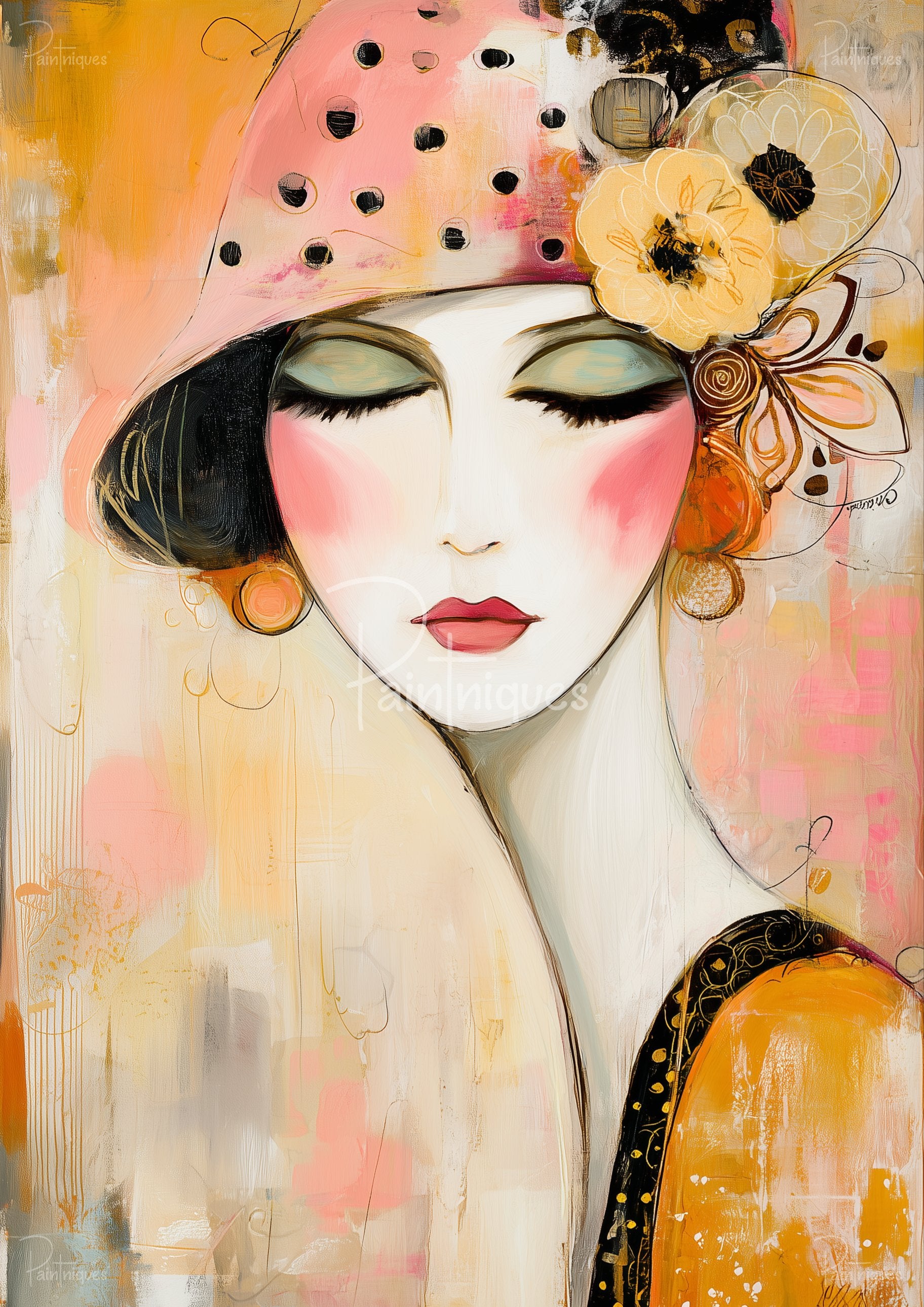 Stylized portrait of a woman with closed eyes, pink polka-dot hat, yellow flowers and soft peach-gold background.