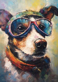 Painted close-up of a dog wearing colorful goggles and an orange collar, rendered with textured, expressive brushstrokes