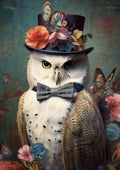 White owl wearing a dark top hat decorated with large flowers and butterflies and a patterned bow tie