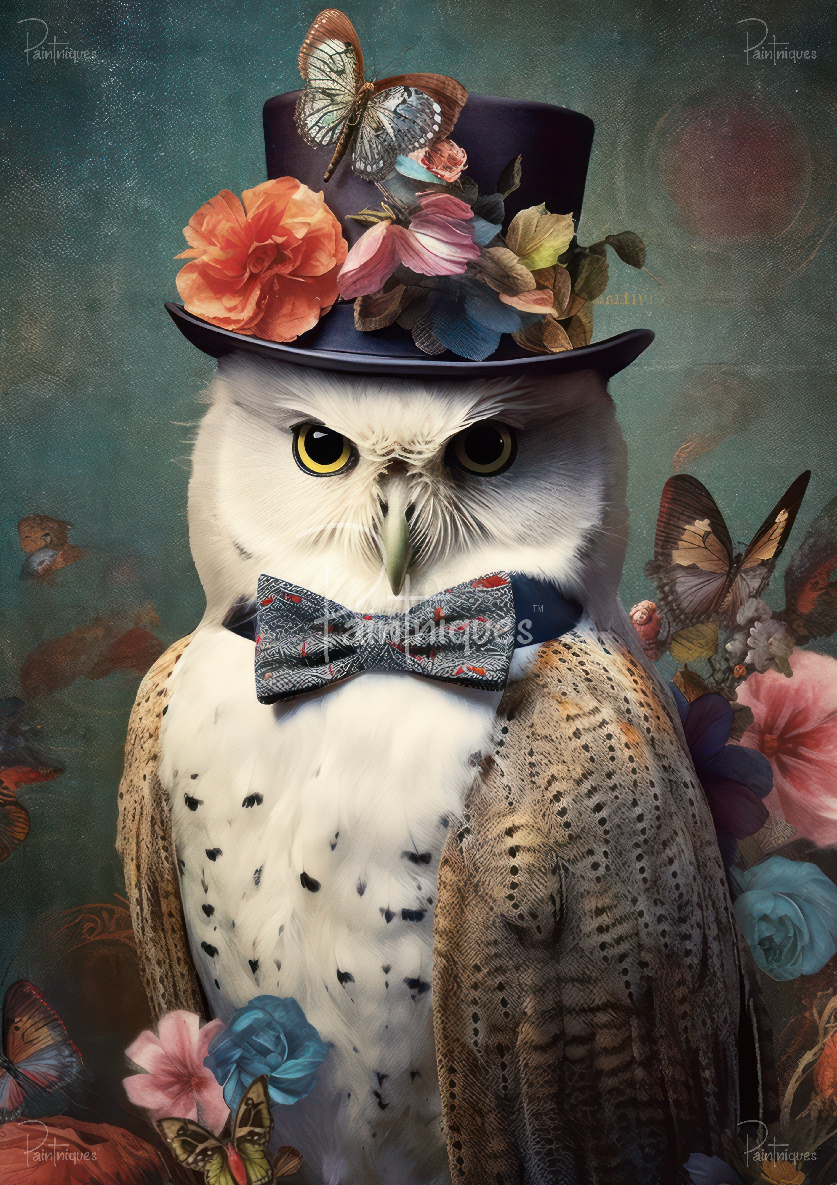 White owl wearing a dark top hat decorated with large flowers and butterflies and a patterned bow tie