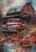 Red vintage pickup parked by a weathered wooden barn with corrugated metal roof, puddles and overgrown grass.