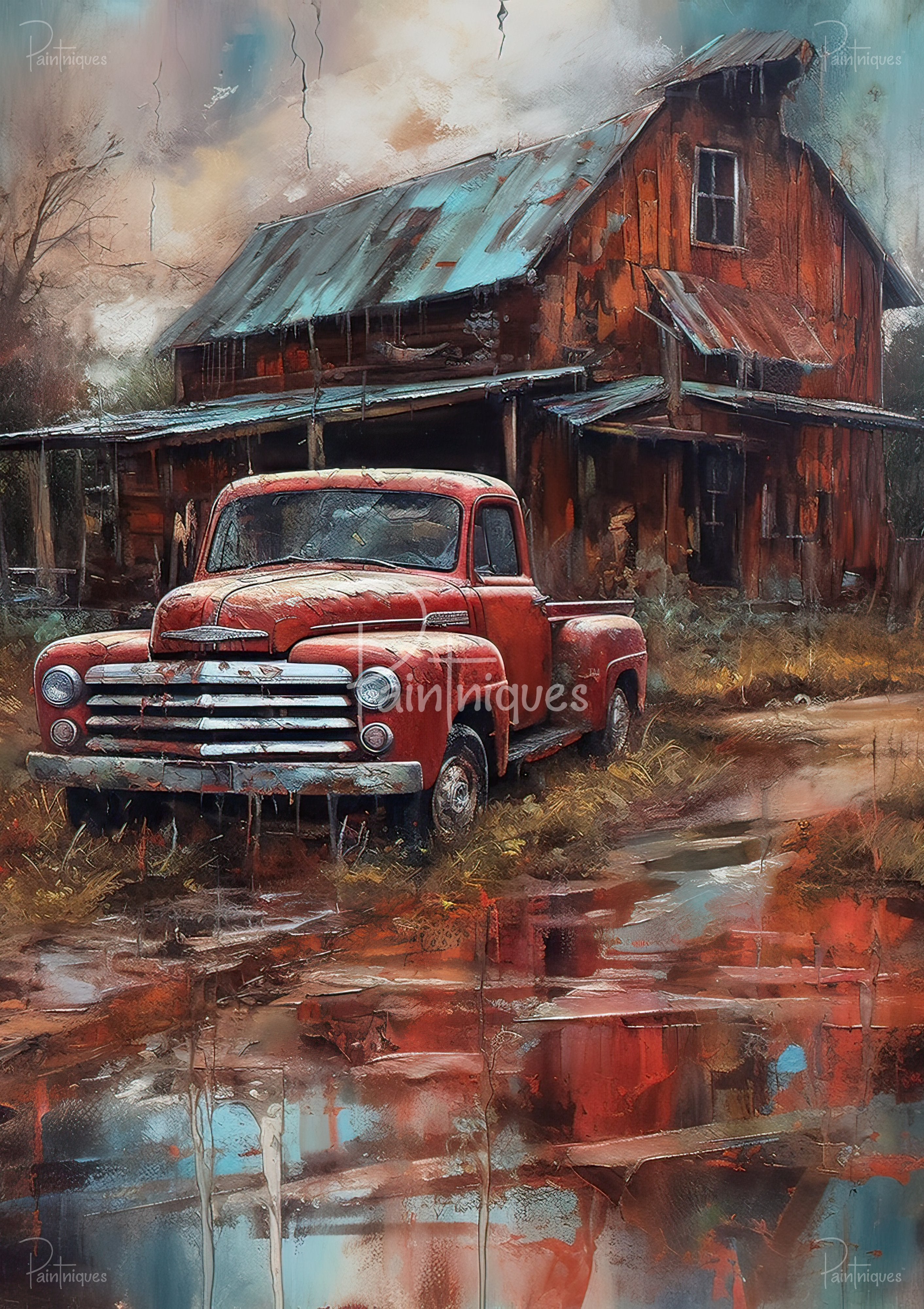 Red vintage pickup parked by a weathered wooden barn with corrugated metal roof, puddles and overgrown grass.