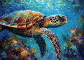 Vibrant painted sea turtle swimming right through turquoise water, patterned shell, flipper, and colorful coral
