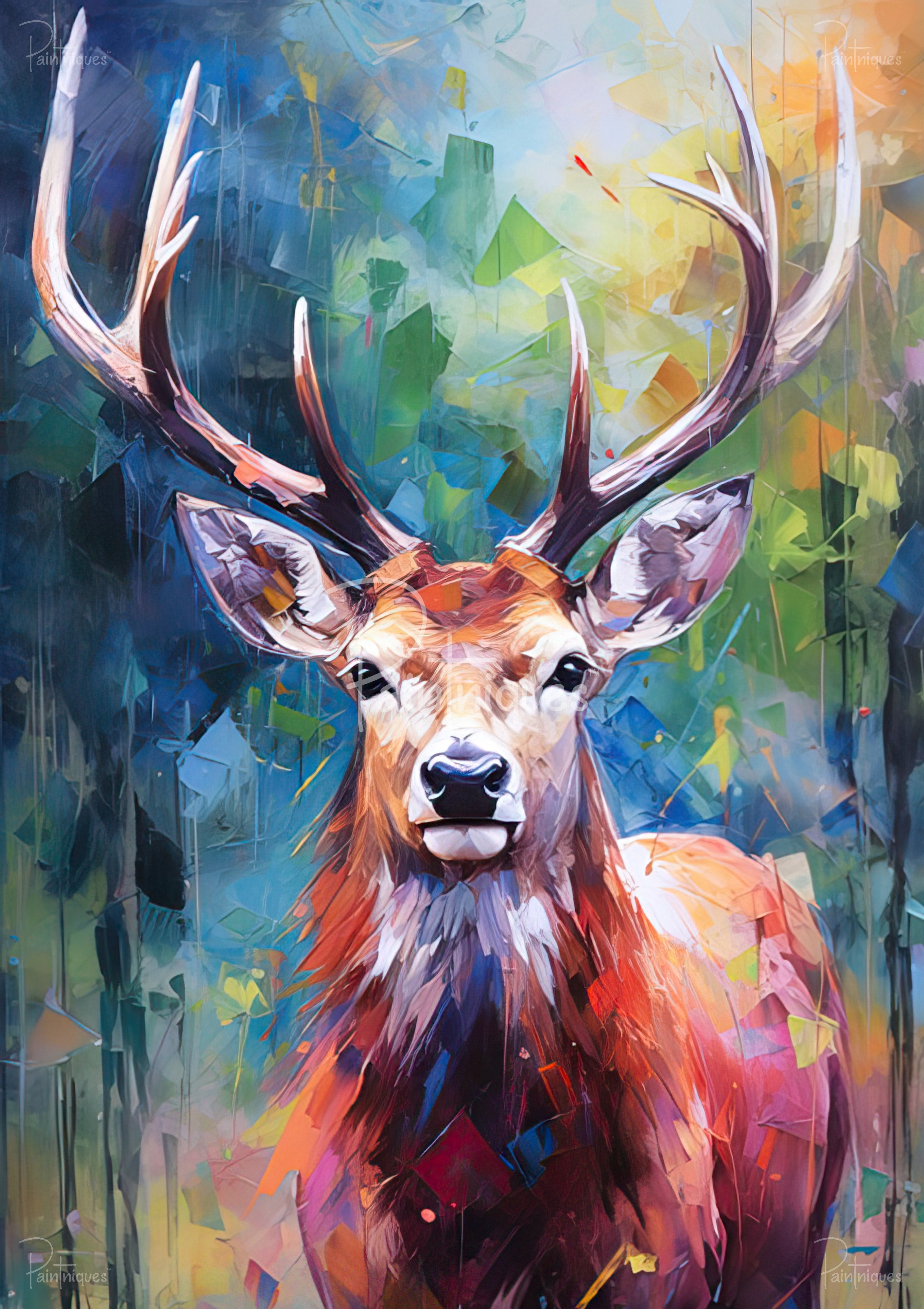 Vibrant abstract stag head with large antlers against a colorful geometric blue-green background.