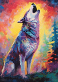Colorful painted wolf howling amid bright yellow, orange and teal abstract brushstrokes