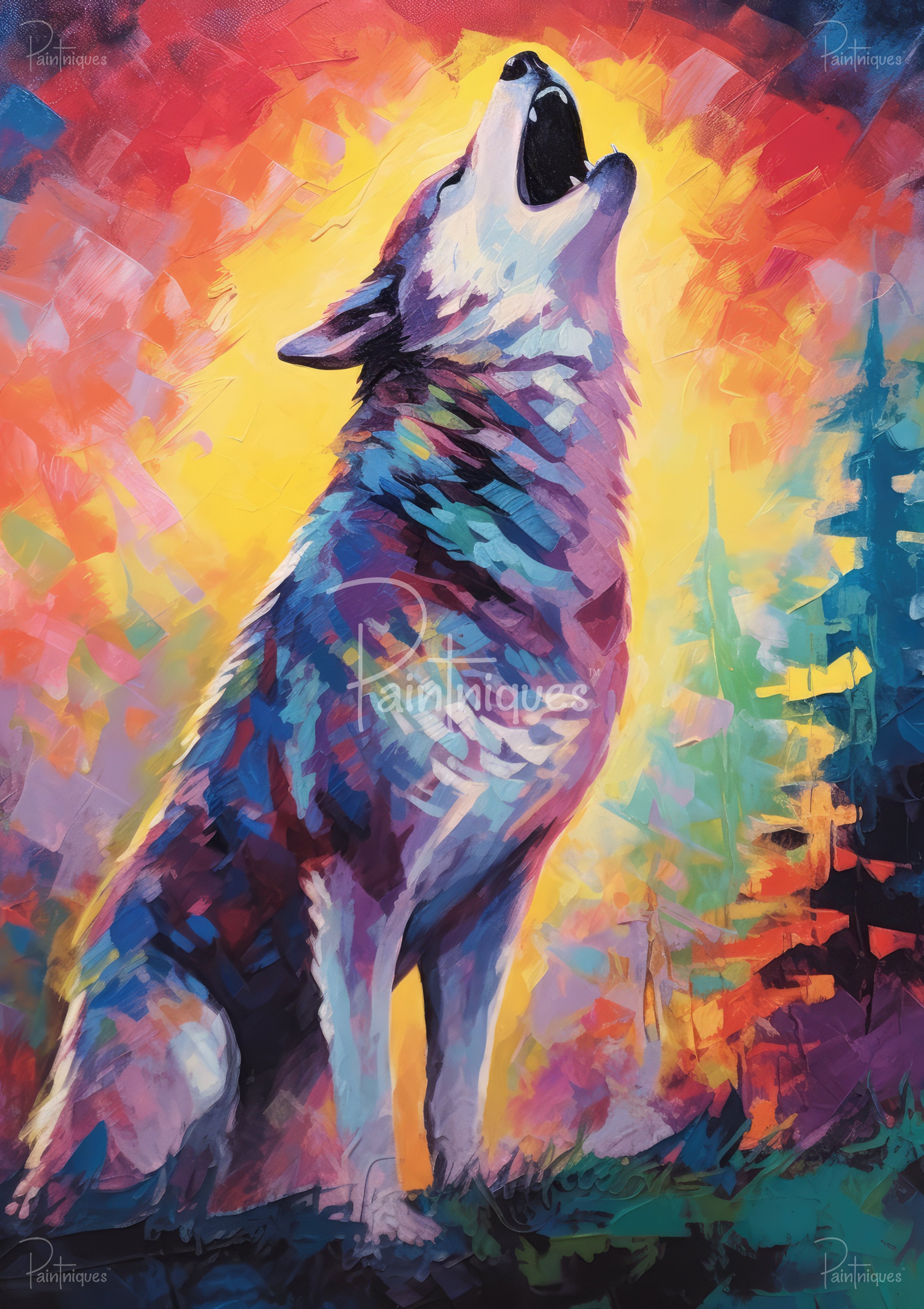 Colorful painted wolf howling amid bright yellow, orange and teal abstract brushstrokes