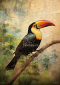 Painted toucan with vivid orange-red beak perched on a branch against a cracked, watercolor green and beige background.