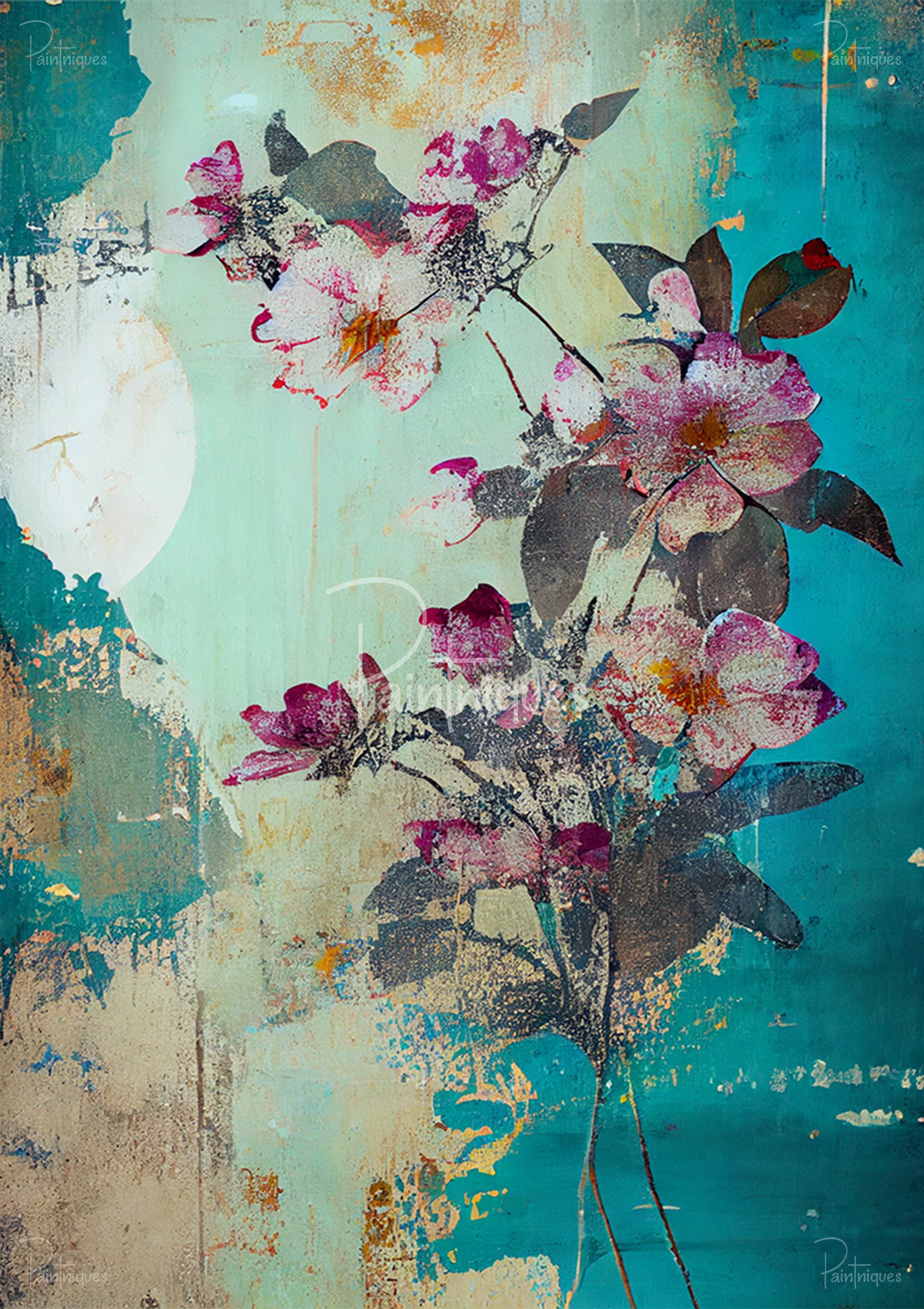 Teal and aqua distressed background with pink floral blossoms, dark leaves, and gold fleck texture