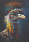 Close-up of a colorful, feathered bird with a large hooked beak wearing steampunk goggles and a leather jacket.