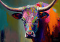 Vibrant abstract bull head with long horns, thick multicolor impasto brushstrokes against teal and orange background.