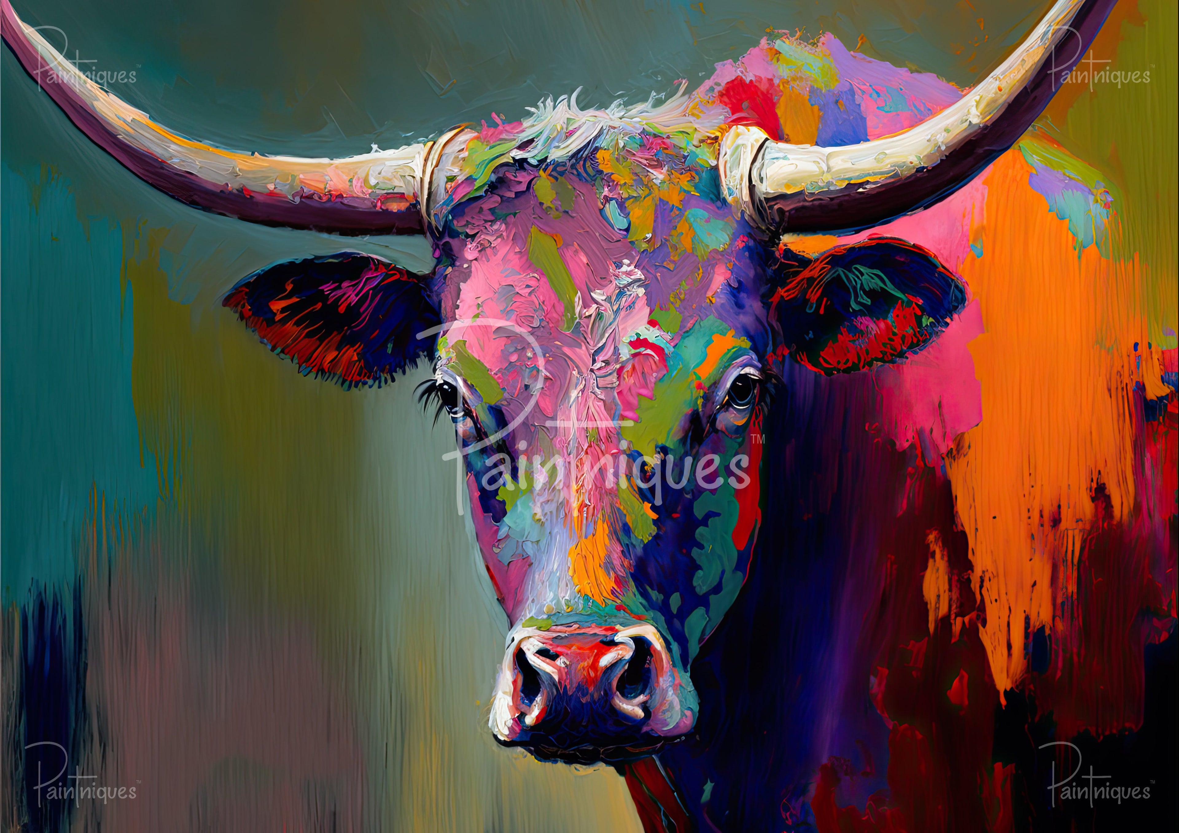 Vibrant abstract bull head with long horns, thick multicolor impasto brushstrokes against teal and orange background.
