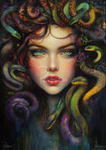 Close-up painted female face with luminous green eyes and red lips, snakes woven through hair in vivid textured colors