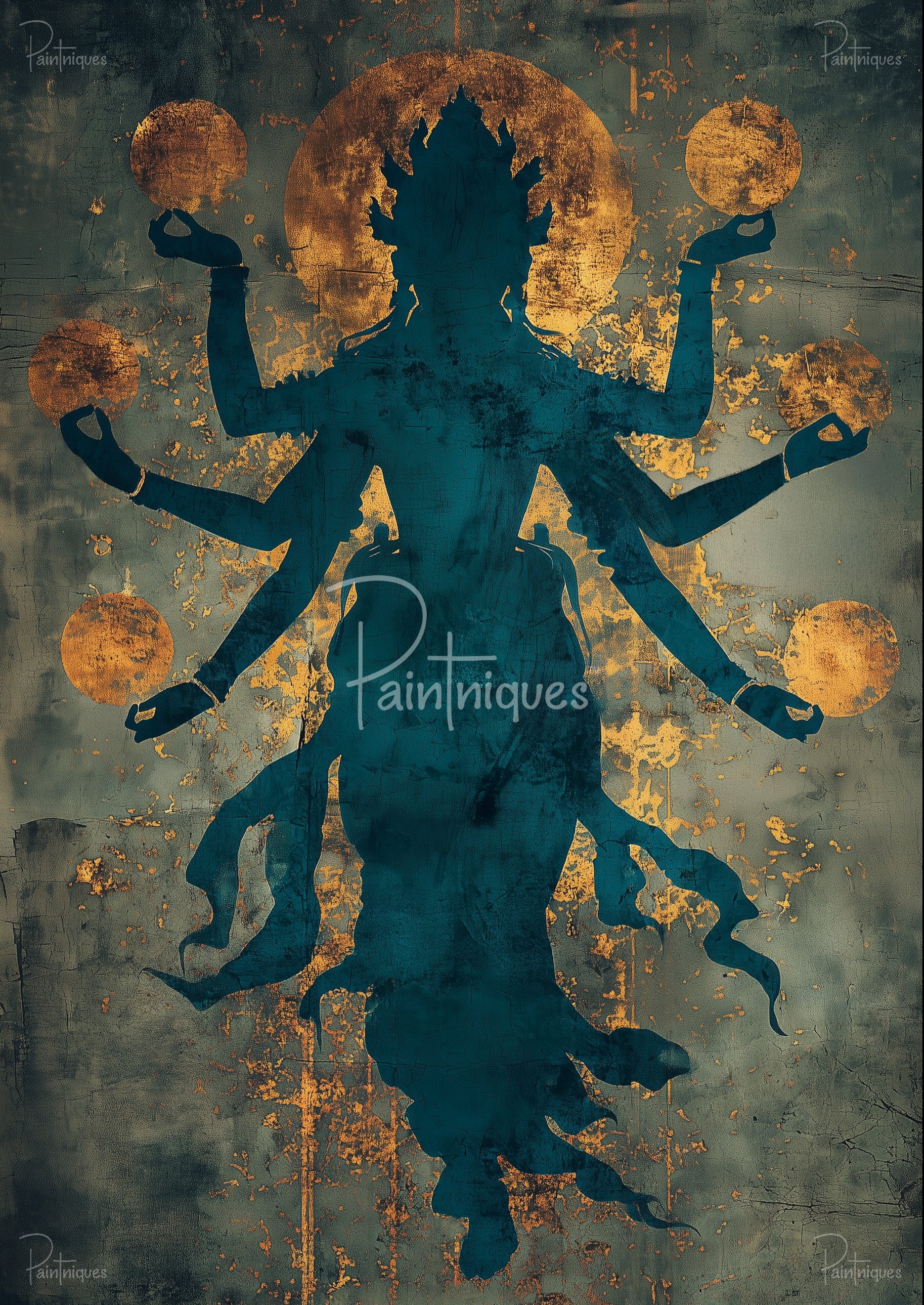 Teal multi-armed silhouette holding gold orbs, gold-leaf splatters on dark textured background, visible watermark