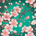 Pink cherry blossoms and buds on dark textured branches against a teal background