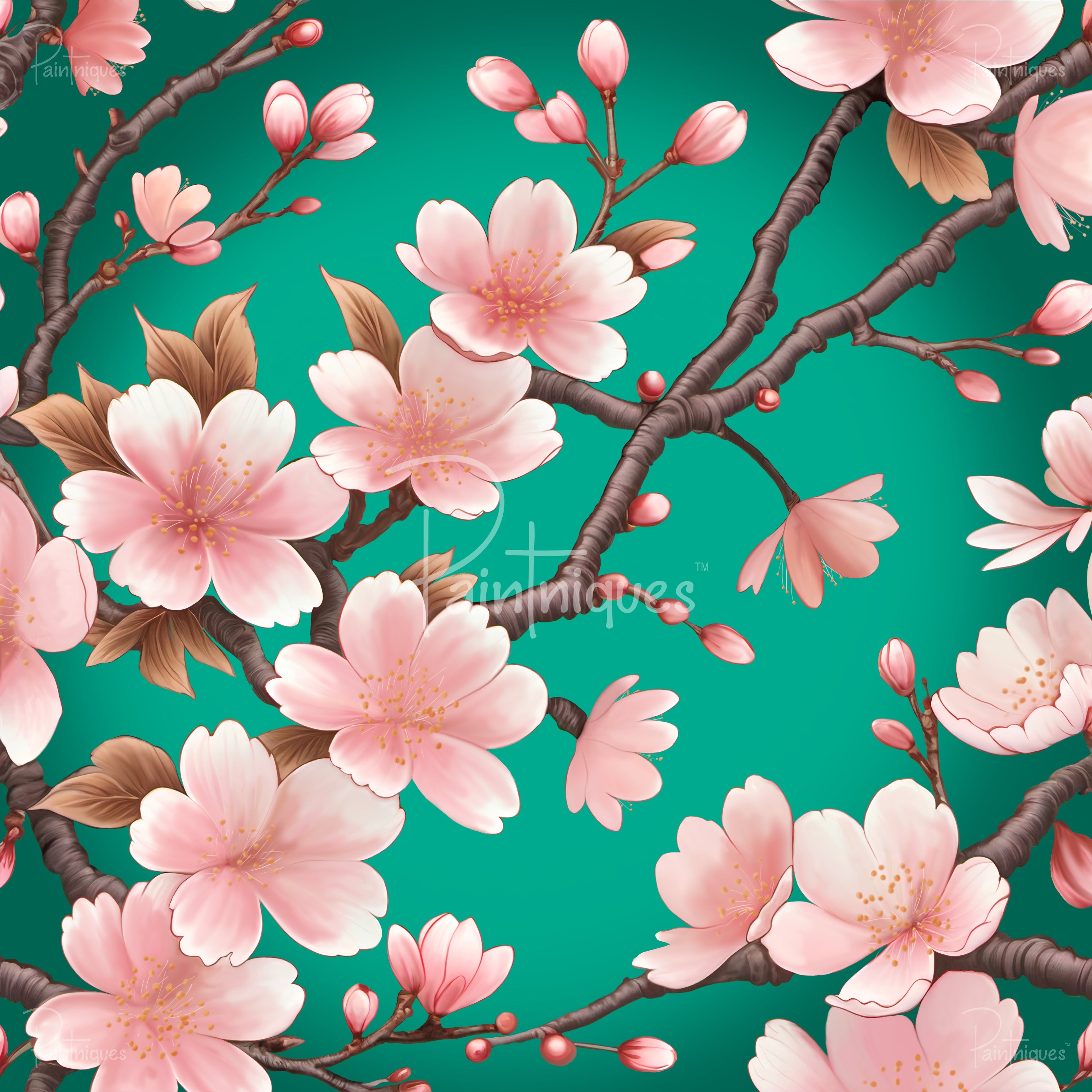 Pink cherry blossoms and buds on dark textured branches against a teal background