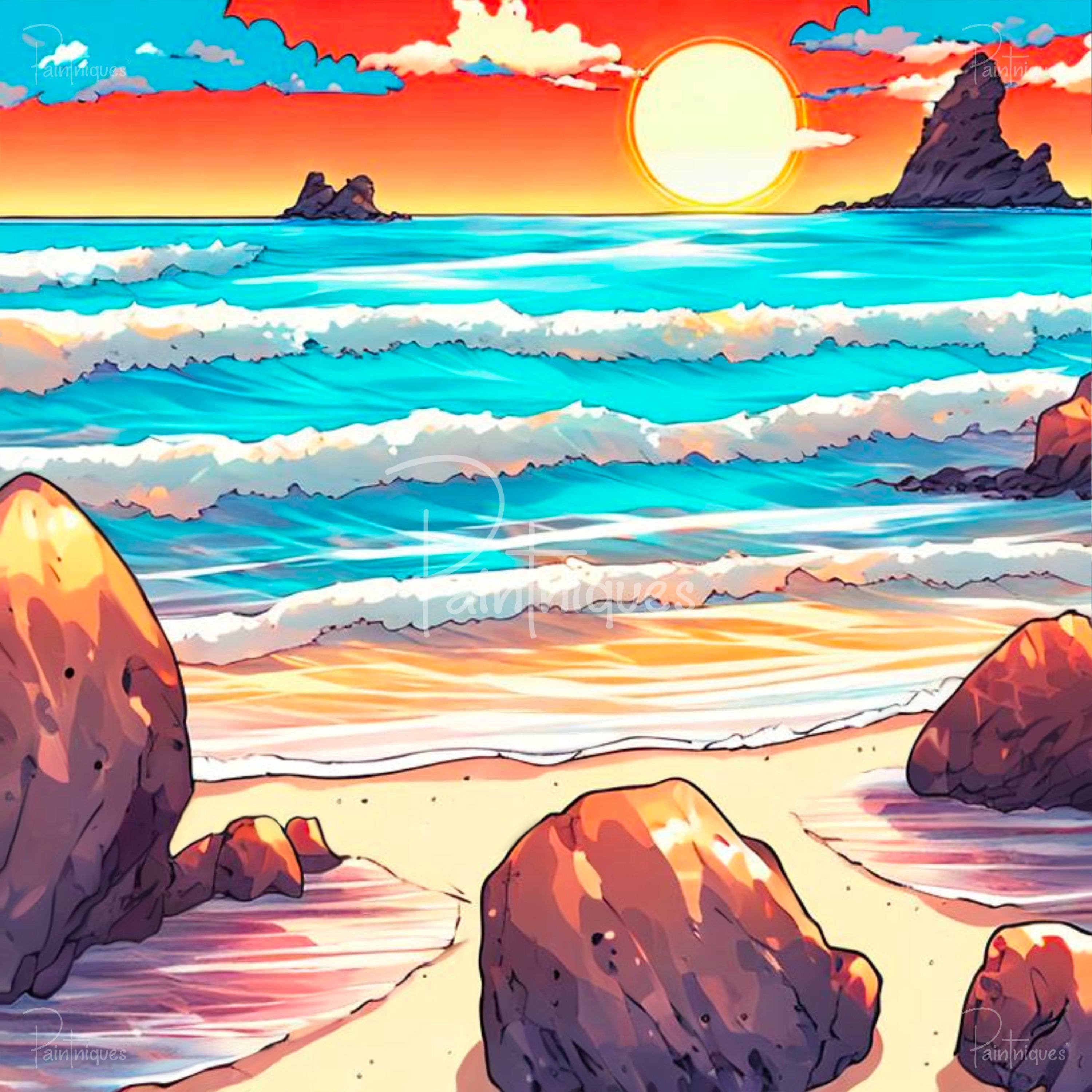 Colorful stylized beach scene with turquoise waves, foamy surf, sandy shore, orange rocks and a large glowing sun
