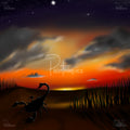 Sunset sky of orange and deep purple with stars and clouds, silhouetted scorpion on sand and tall marsh grasses