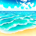 Stylized seascape with turquoise waves, white foamy surf and blue sky with white clouds above a golden sandy shore.
