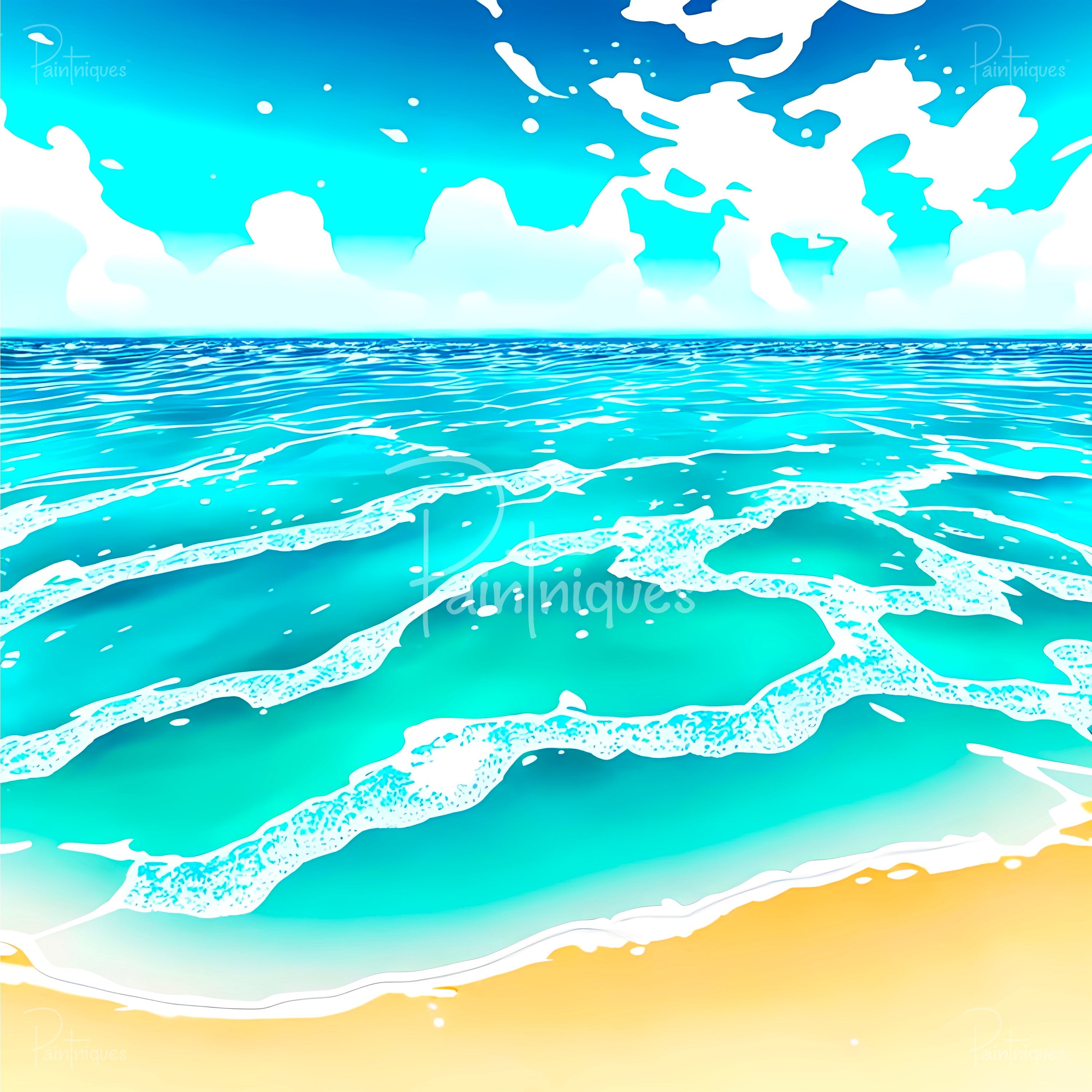 Stylized seascape with turquoise waves, white foamy surf and blue sky with white clouds above a golden sandy shore.
