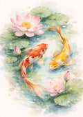 Two koi fish swimming among pink lotus blossoms and green lily pads in soft watercolor.