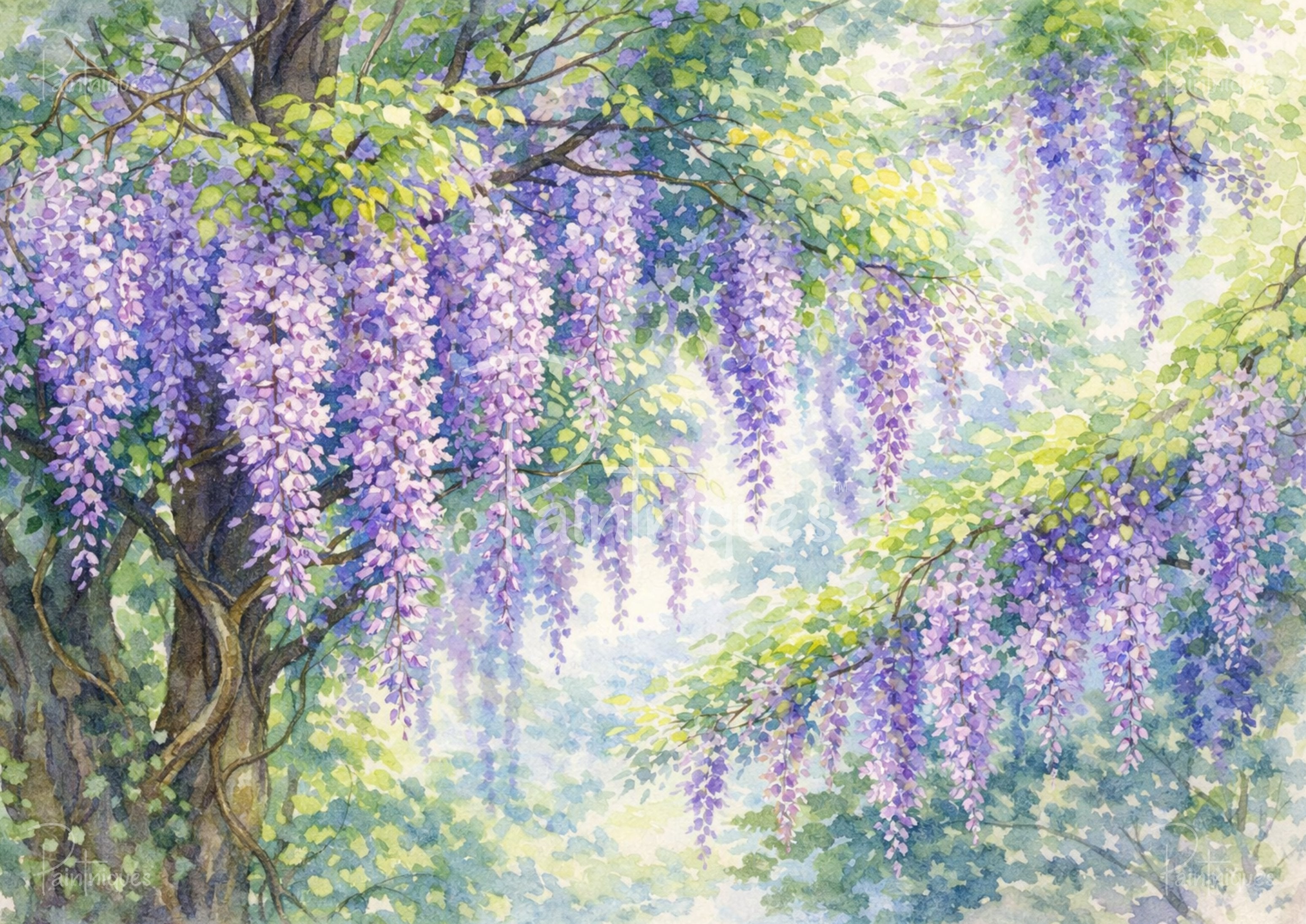 Twisted tree trunk with cascading clusters of purple wisteria flowers and dappled green leaves in a watercolor style.