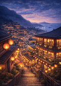 Twilight hillside village with red lanterns, stone steps winding past glowing wooden shops toward mountains and a calm sea.