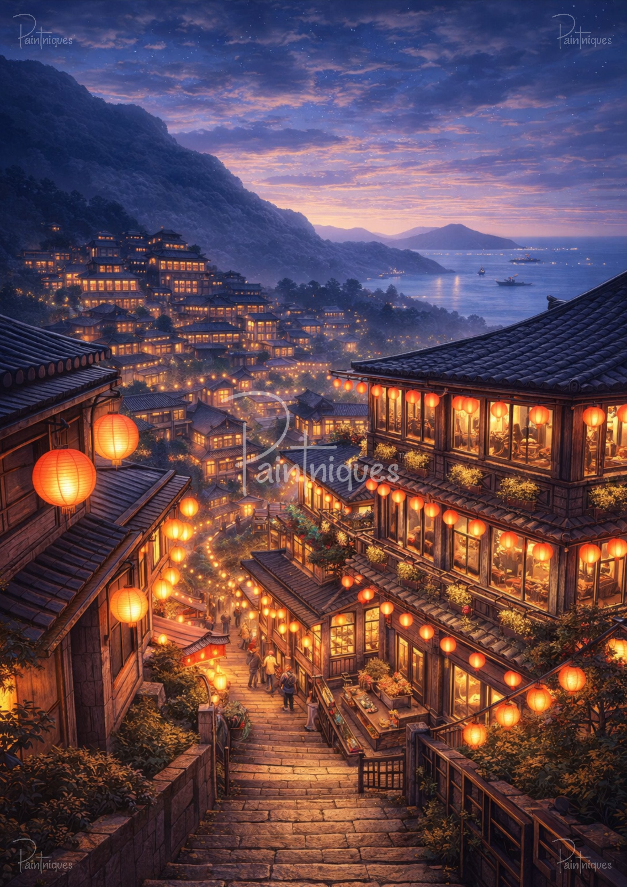 Twilight hillside village with red lanterns, stone steps winding past glowing wooden shops toward mountains and a calm sea.