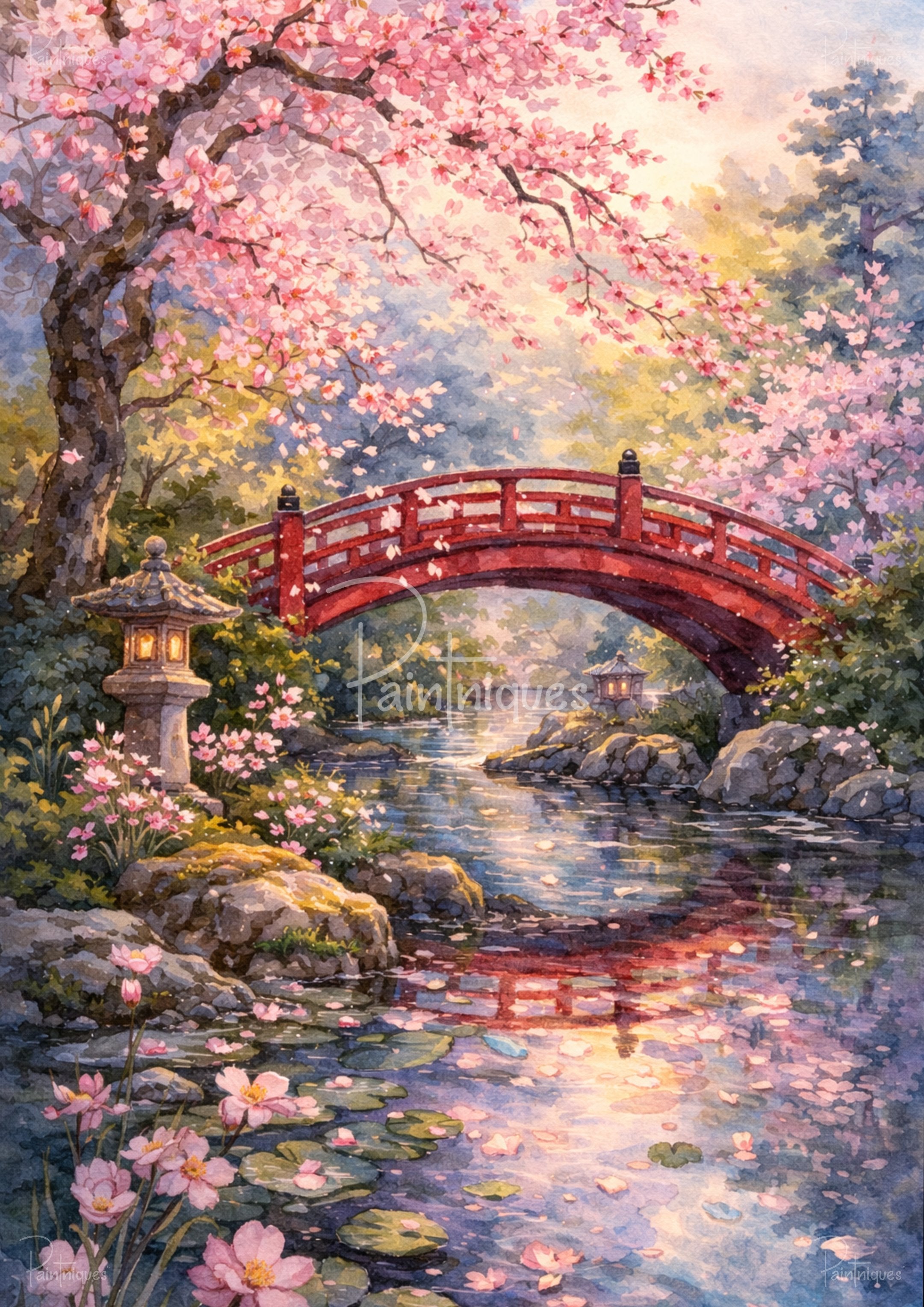 Red arched bridge over a pond with blooming pink cherry blossoms, stone lantern, lily pads and scattered petals.