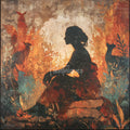 Textured warm-toned painting of a dark female profile amid orange foliage and deer silhouettes