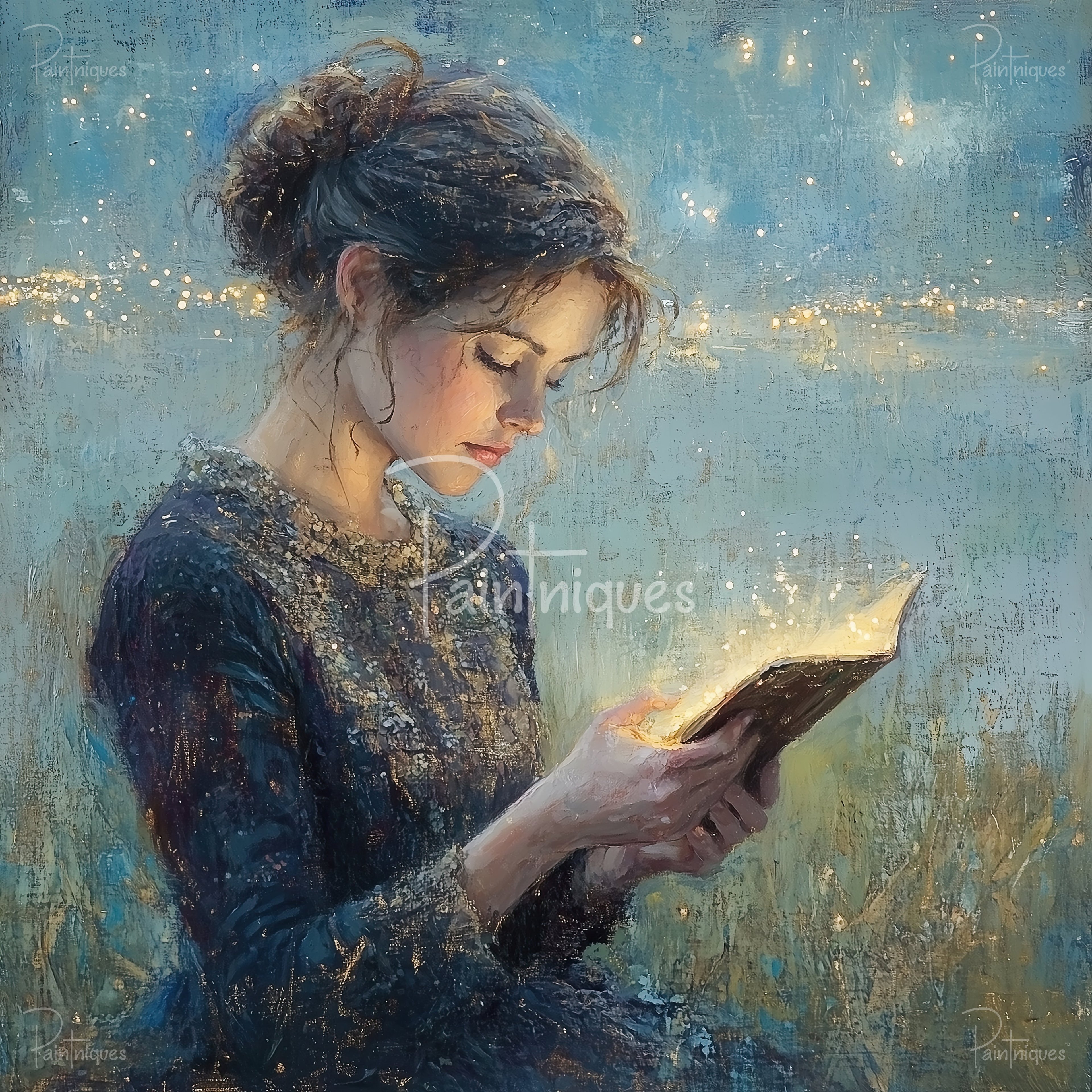 Young woman in profile with hair in a loose bun reading an illuminated book against a textured teal background with glowing sparks