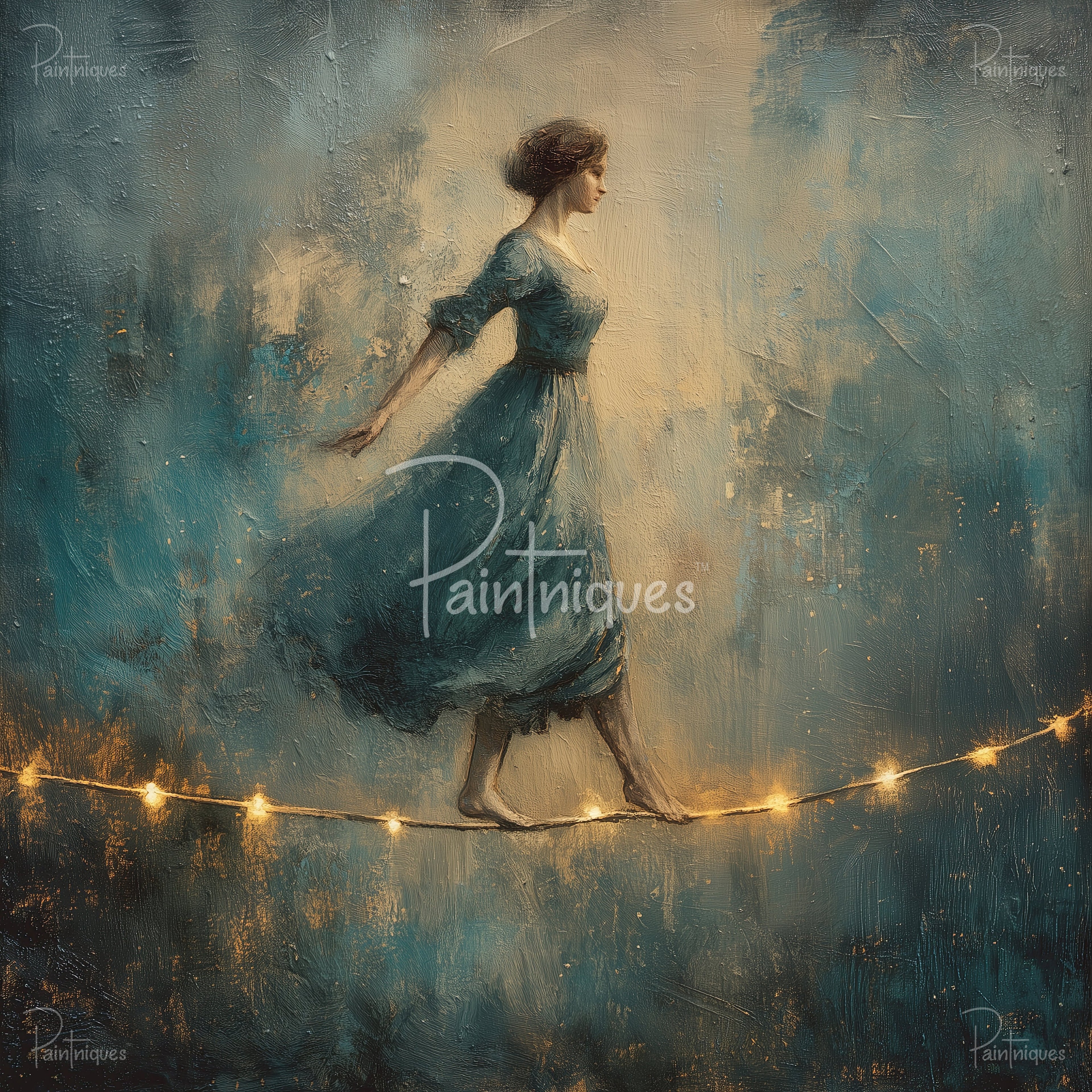 Profile of a woman in a blue dress balancing barefoot on a glowing string of lights against textured teal-beige background.