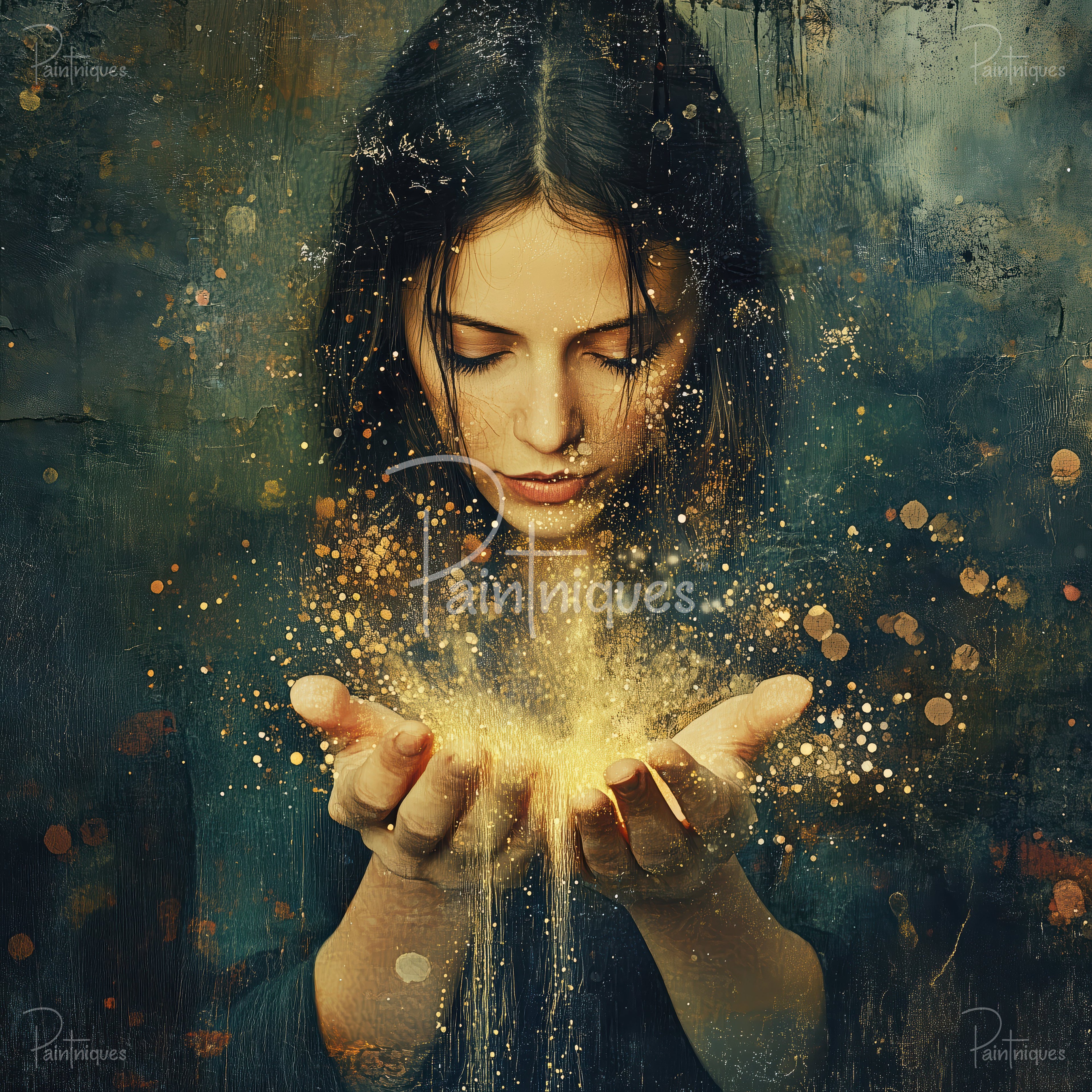 Woman with eyes closed, cupped hands releasing golden dust and paint splatters on a textured teal background