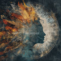 Textured teal and rust composition of a profile silhouette wearing a radiating feather headdress with gold accents