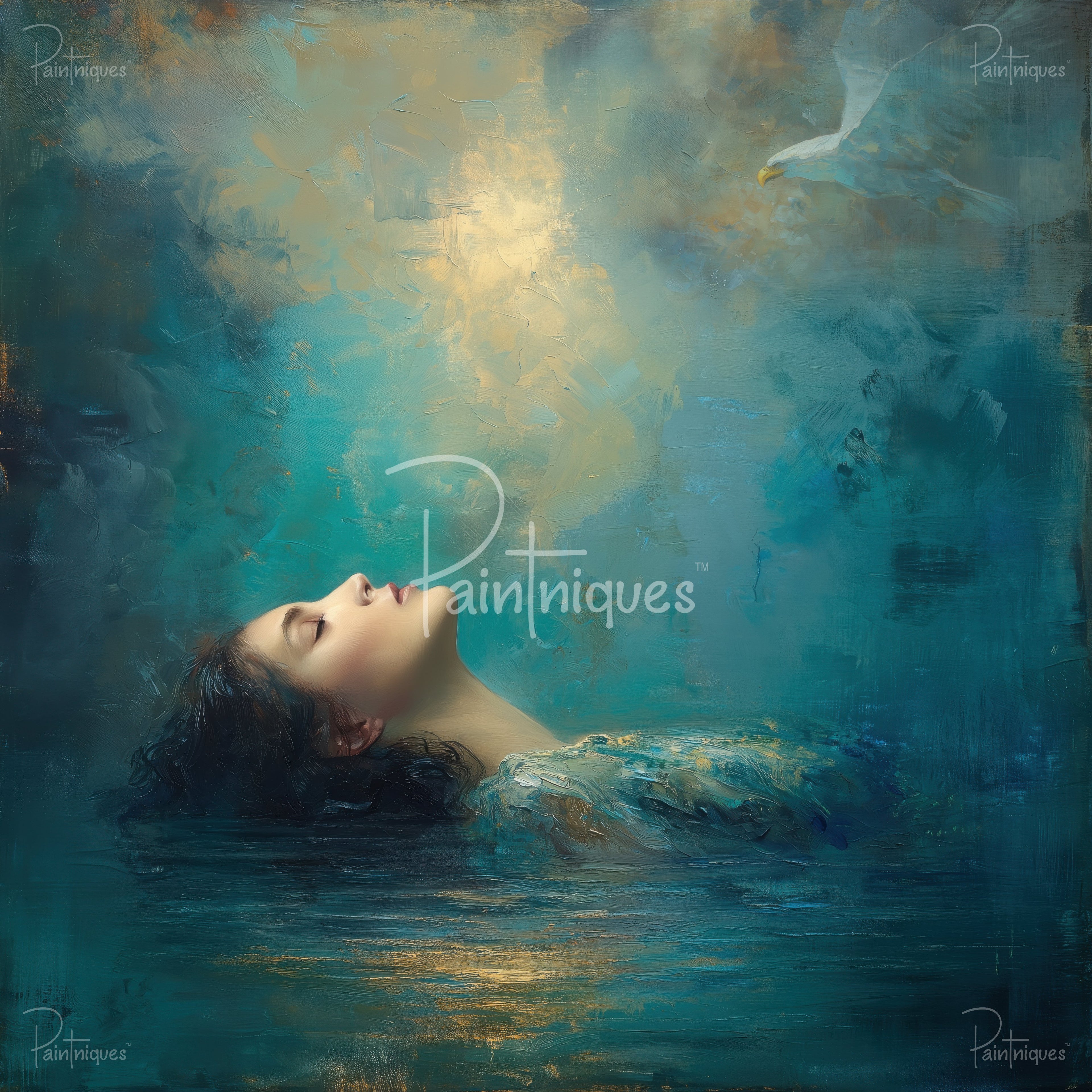 Reclining woman's face with closed eyes and dark hair, painted over a teal and gold textured abstract background