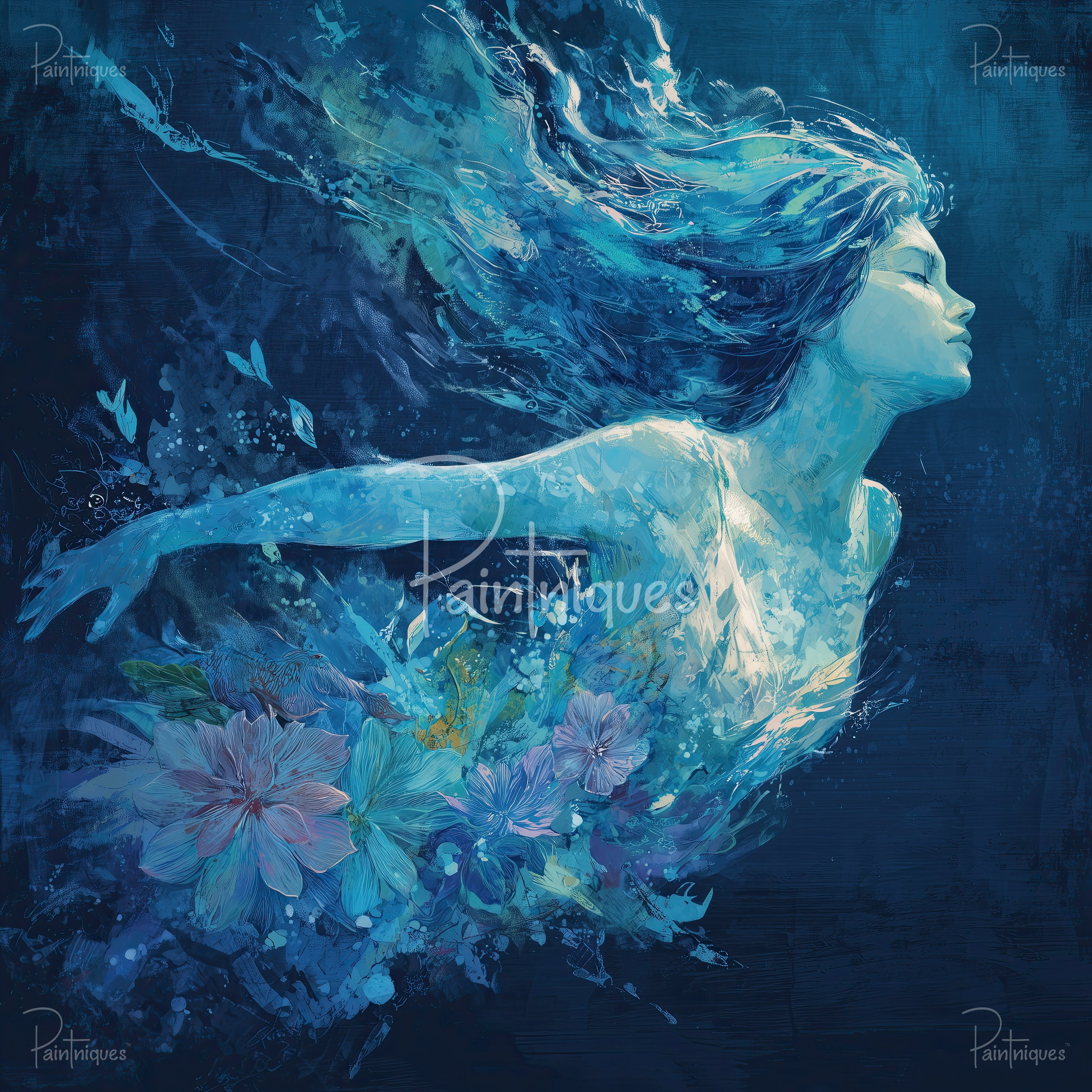 Serene female profile with closed eyes, flowing blue hair dissolving into waves and floral brushstrokes.