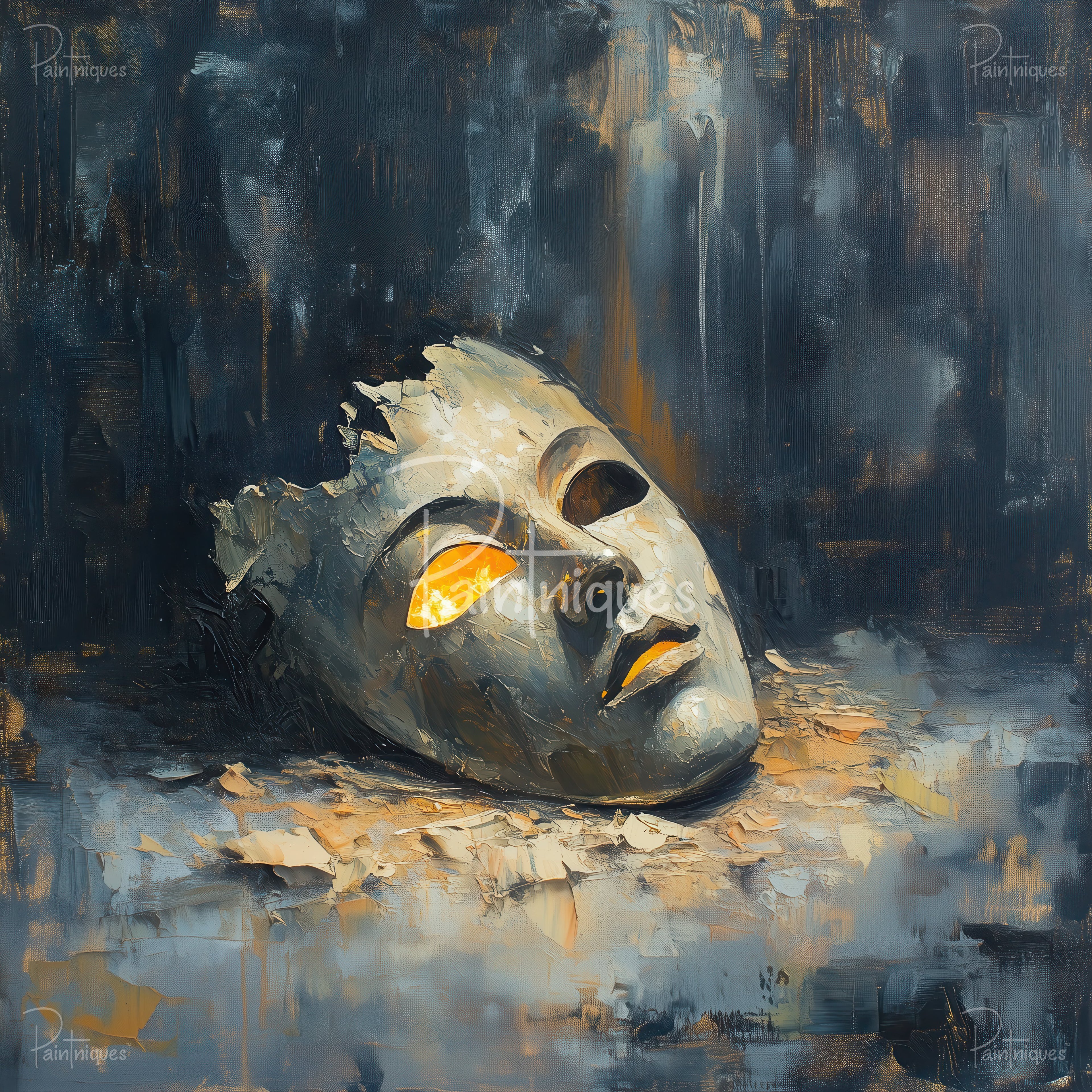 Abstract textured painting of a bleached skull tilted sideways with glowing orange eye sockets on a dark blue background