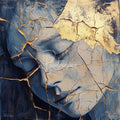 Abstract blue-gray cracked stone texture with metallic gold veins and sweeping brushstroke highlights