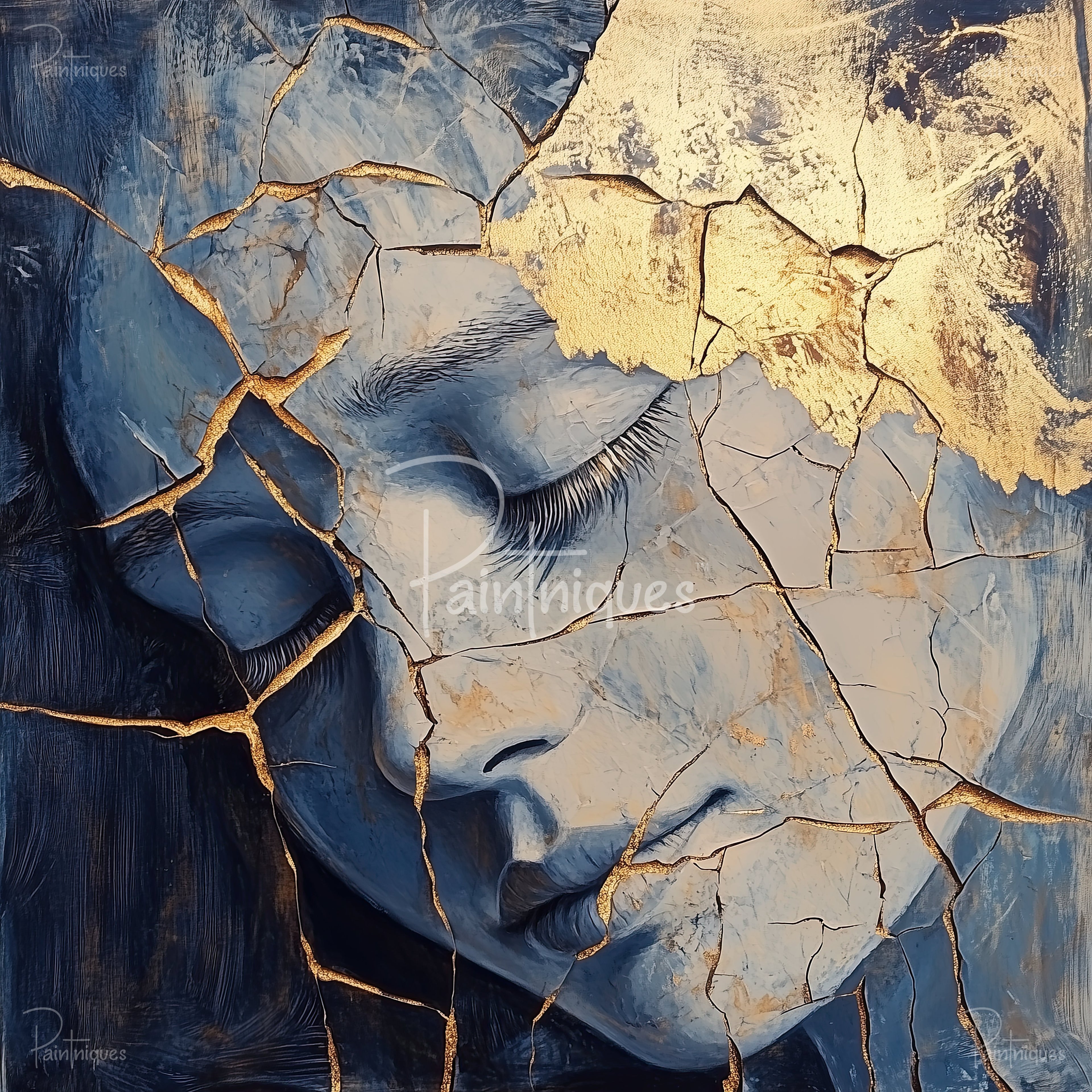 Abstract blue-gray cracked stone texture with metallic gold veins and sweeping brushstroke highlights