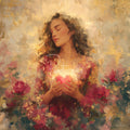 Painterly portrait of a woman with closed eyes holding a glowing light, surrounded by gold flecks and red flowers