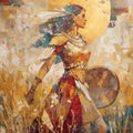 Profile of a female warrior with feathered headdress and shield, layered armor and a golden circular backdrop.