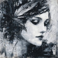 Black-and-white textured partial portrait of a woman's face, eyes closed, layered with feather-like brushstrokes.