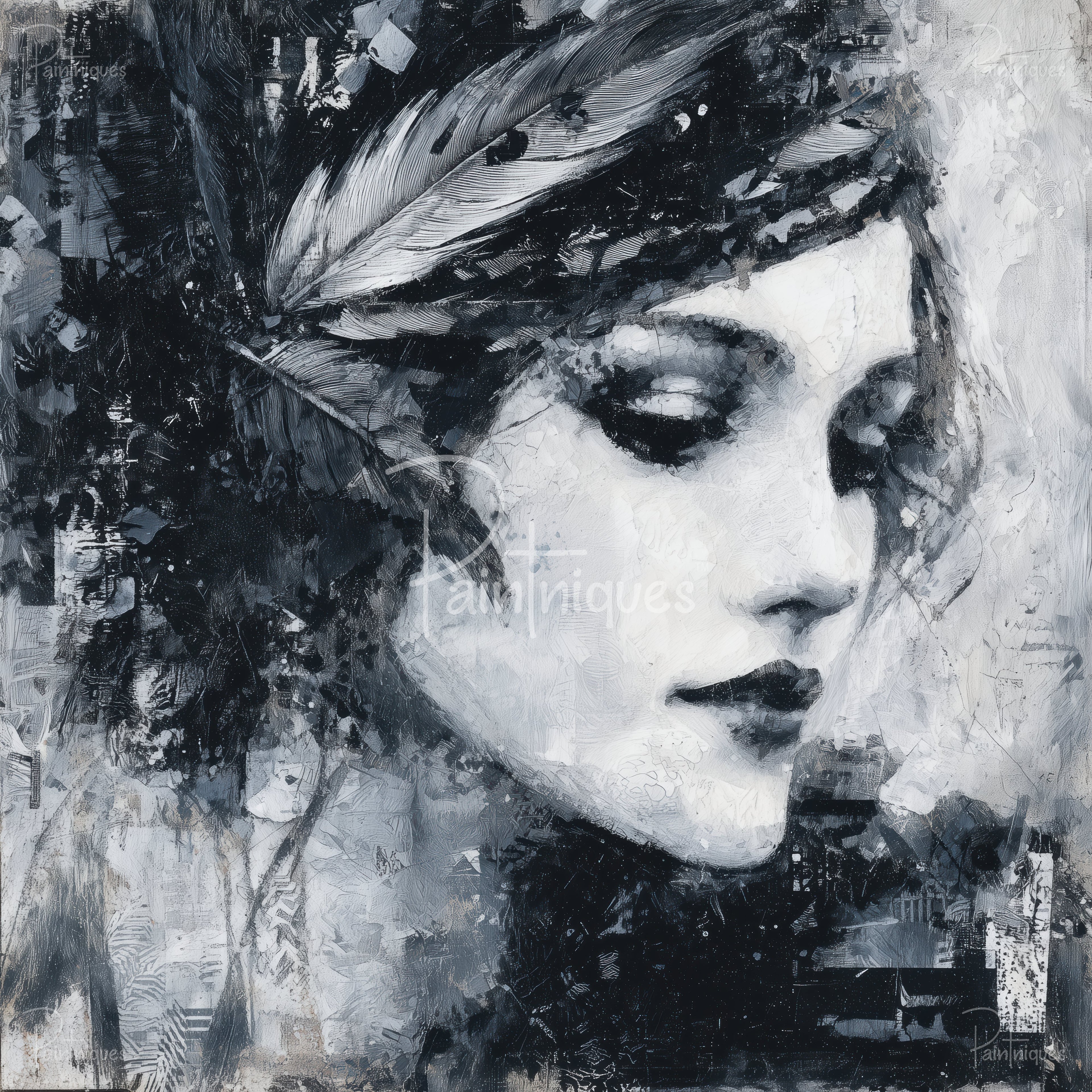 Black-and-white textured partial portrait of a woman's face, eyes closed, layered with feather-like brushstrokes.