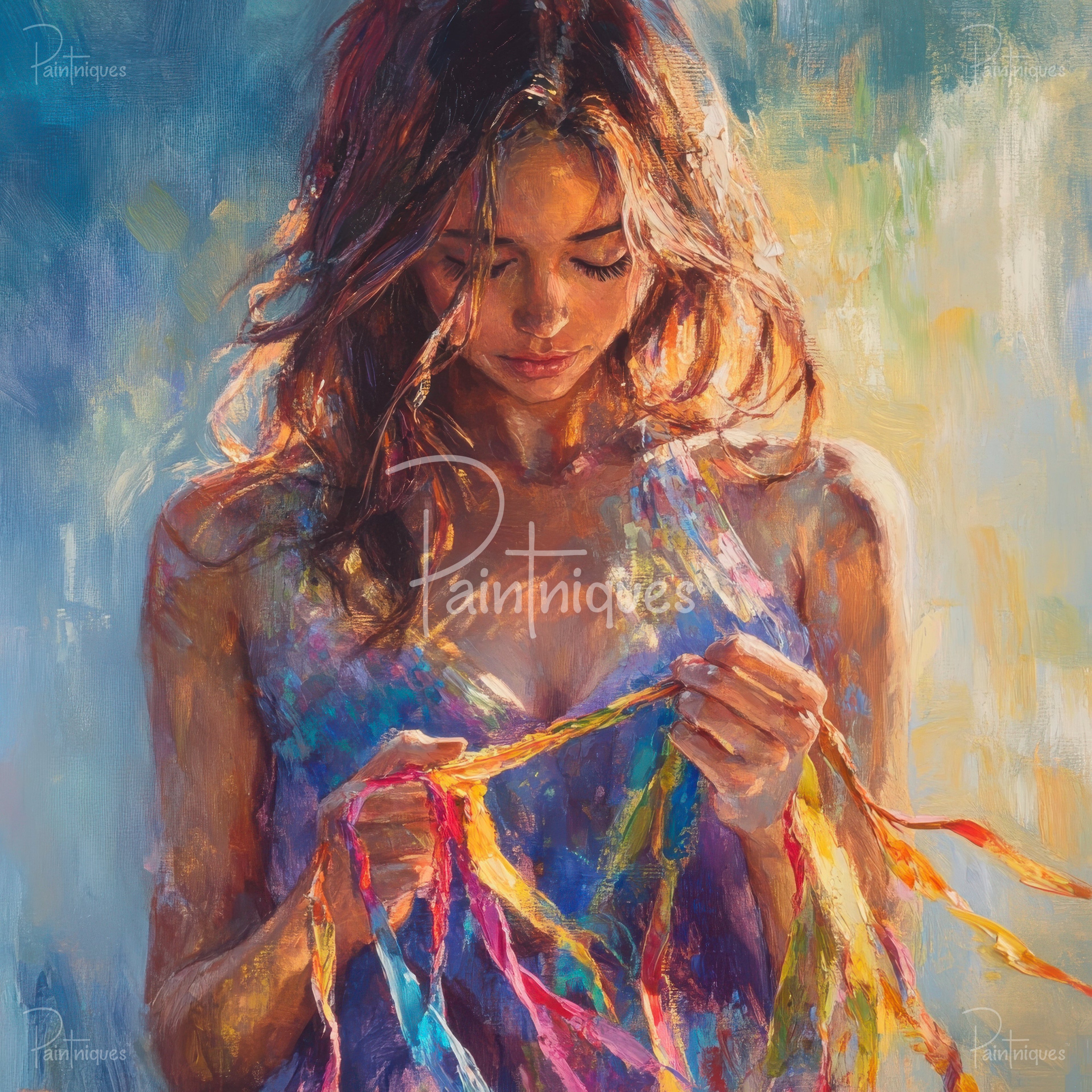 Portrait painting of a woman with closed eyes, sunlit hair and hands holding vibrant, flowing multicolored ribbons.