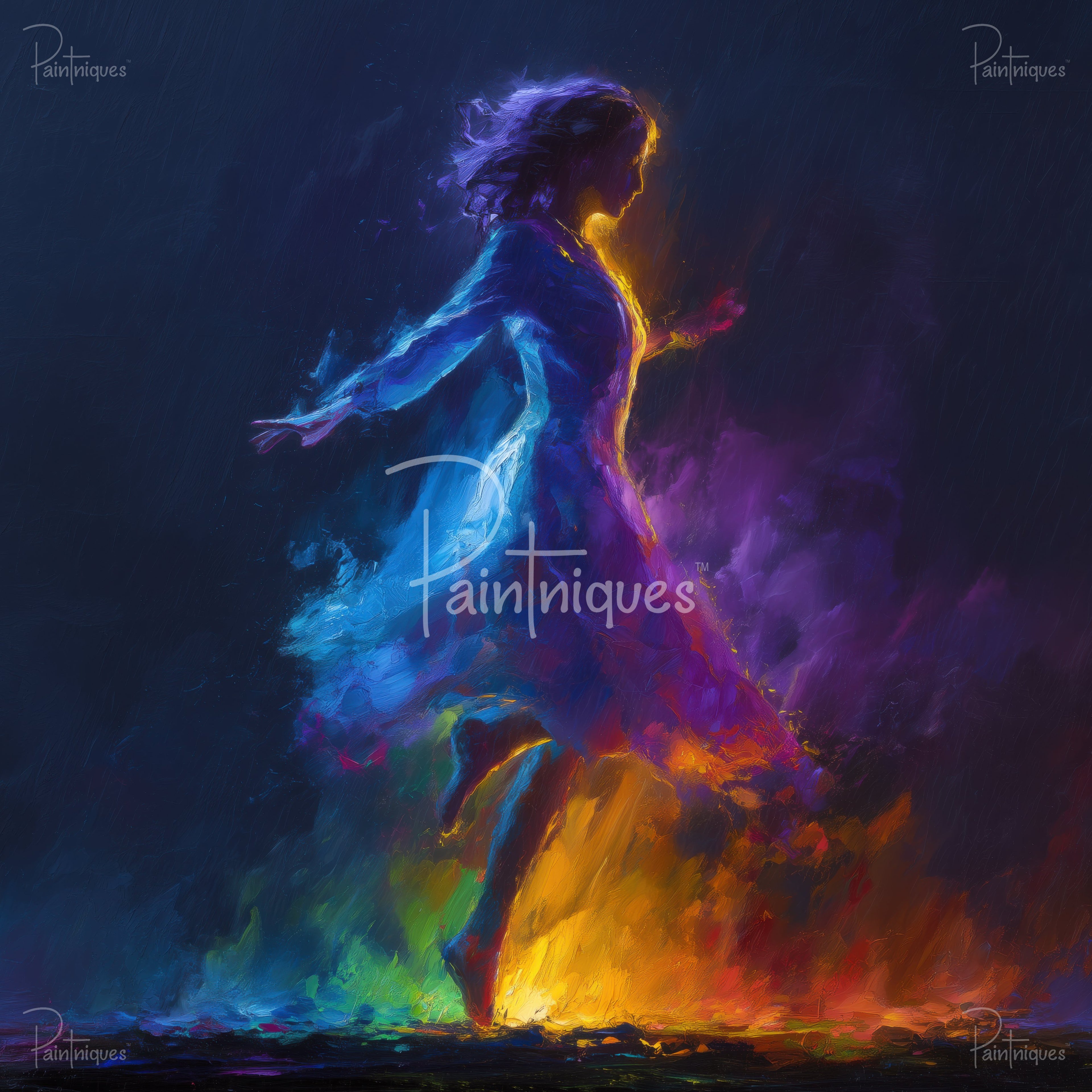 Abstract painted profile of a woman with a flowing blue-to-orange dress, luminous against a dark backdrop