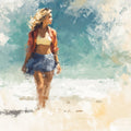 Impressionistic woman in a bikini top, open shirt and skirt standing on a textured turquoise seascape.
