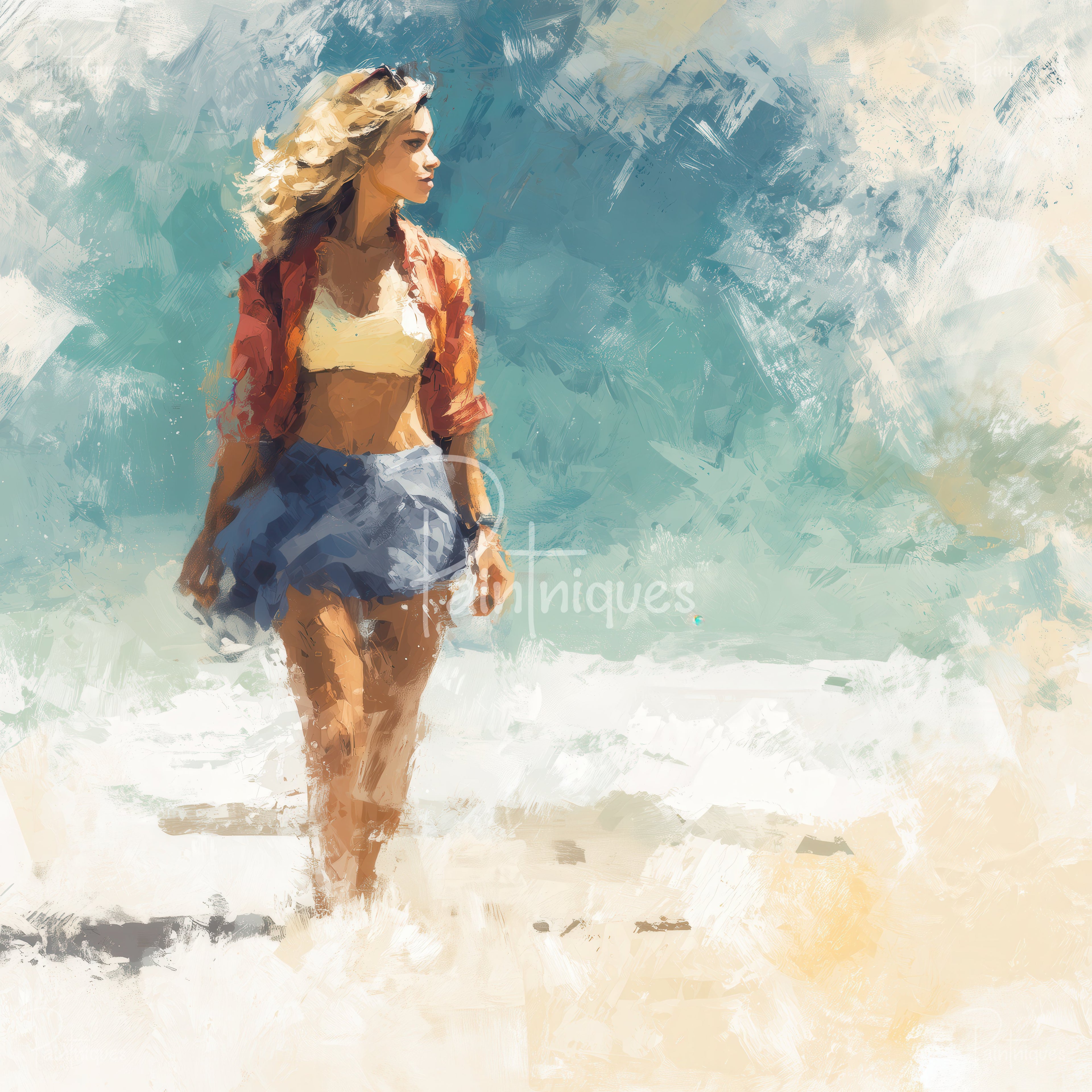 Impressionistic woman in a bikini top, open shirt and skirt standing on a textured turquoise seascape.