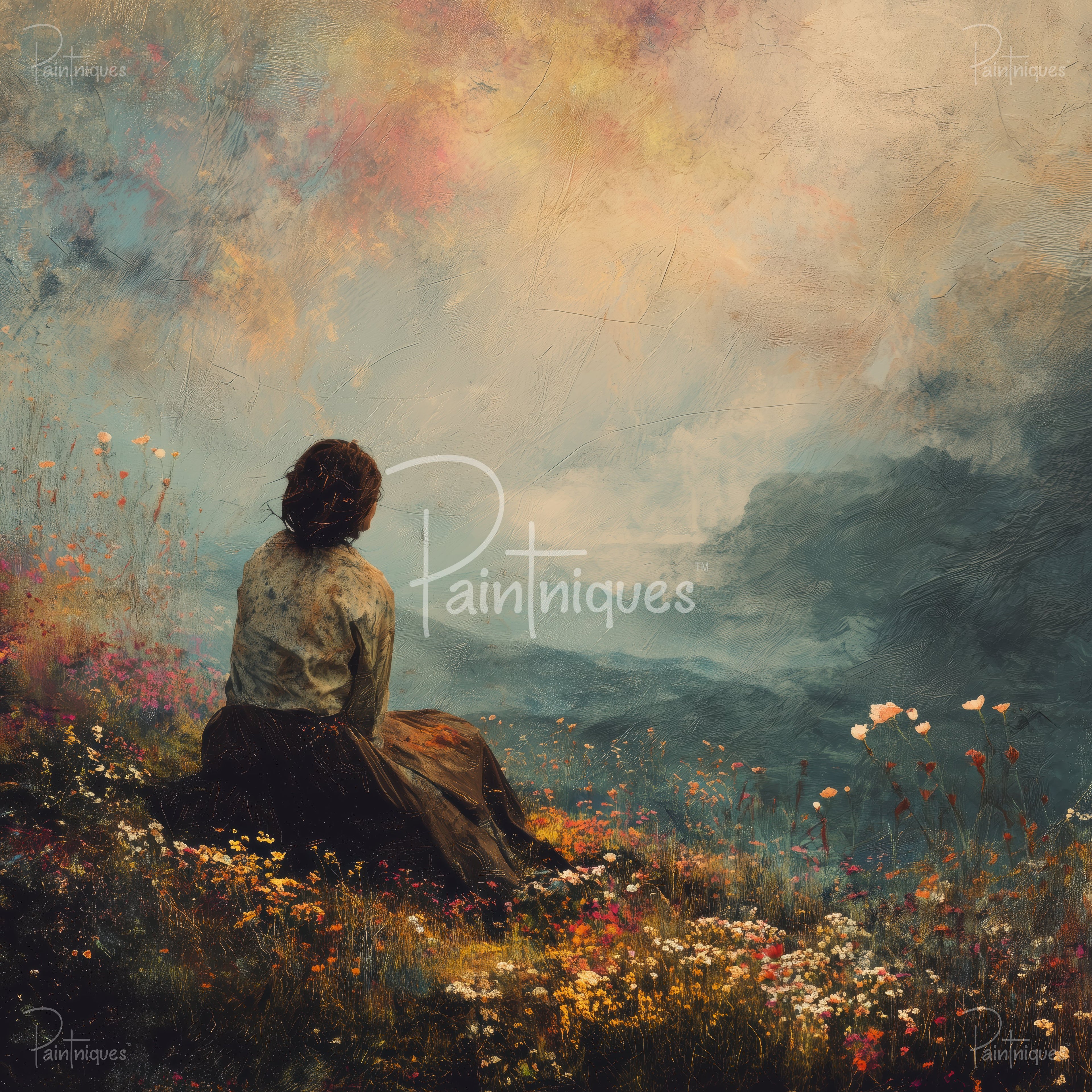 Figure seated on a rock among colorful wildflowers, looking over misty mountains beneath a textured pastel sky.