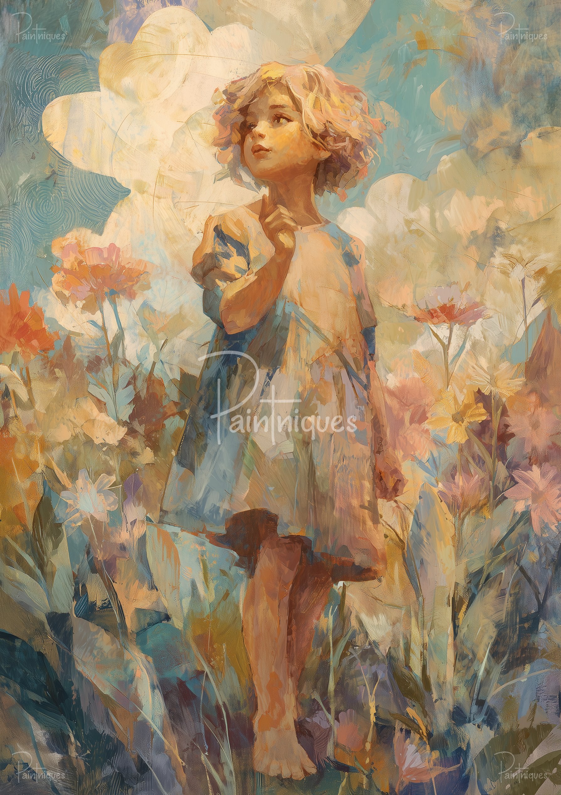 Impressionistic painting of a young girl in a loose dress standing among tall flowers, gazing upward toward soft clouds.