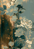 Teal and cream painterly flowers and leaves with gold metallic accents over a textured teal and dark vertical background